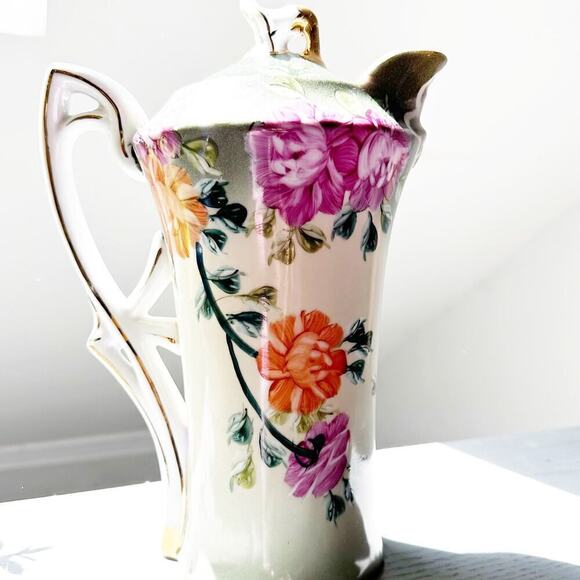 Chocolate Pot Porcelain Pitcher Floral White and Green - Picture 1 of 9